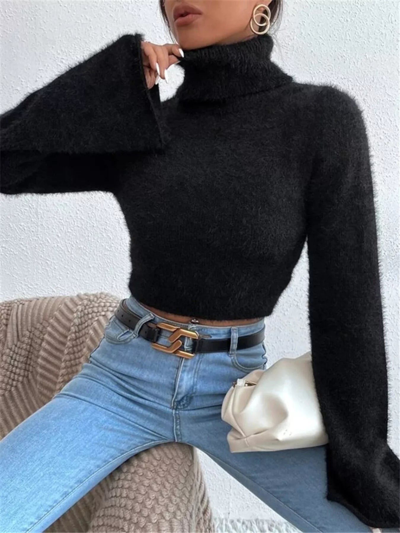 White Fuzzy Cropped Turtleneck Sweater with Flare Sleeves Sweaters AwRans Premium 9eb5b02bcef347e483b7aaefebd8dfbe-Max-Origin