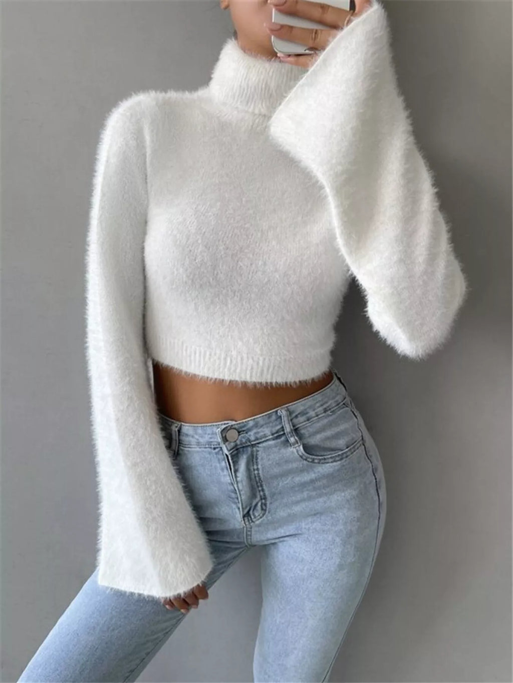 White Fuzzy Cropped Turtleneck Sweater with Flare Sleeves Sweaters AwRans Premium a3f9724f25a643398a3536c8a48a6f7d-Max-Origin