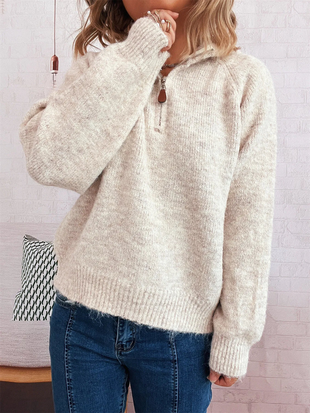 Cozy Oatmeal Soft Knit Quarter-Zip Pullover Sweater with Ring Pull Sweaters AwRans Premium a57f8d6dbe73488b9fcfa461fcb07b5f-Max-Origin