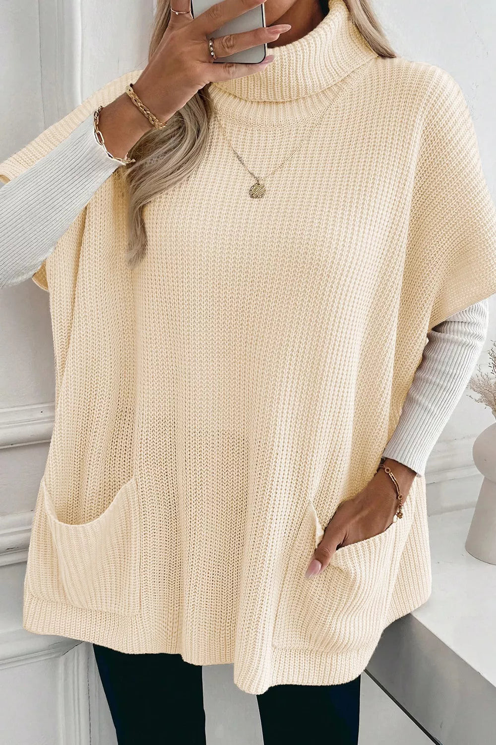 Cozy Cream Oversized Ribbed Knit Turtleneck Sweater Vest with Pockets Sweaters AwRans Premium a9305319-4aec-42c8-bac8-529853a02403-Max-Origin