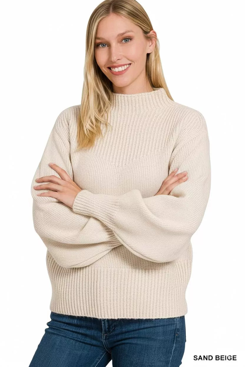 Chic Sand Beige Balloon Sleeve Mock Neck Ribbed Knit Sweater Sweaters AwRans Premium af5162c4-7829-4107-bdbd-60a0039f144f-Max-Origin
