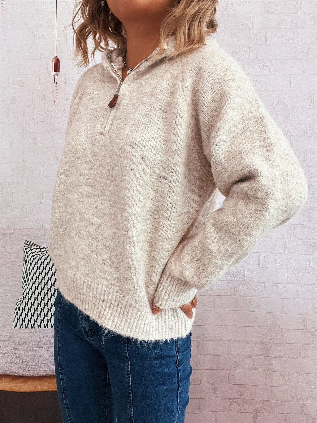 Cozy Oatmeal Soft Knit Quarter-Zip Pullover Sweater with Ring Pull Sweaters AwRans Premium afb157f528ff40a6aa0d34f6389ab8ad-Max-Origin