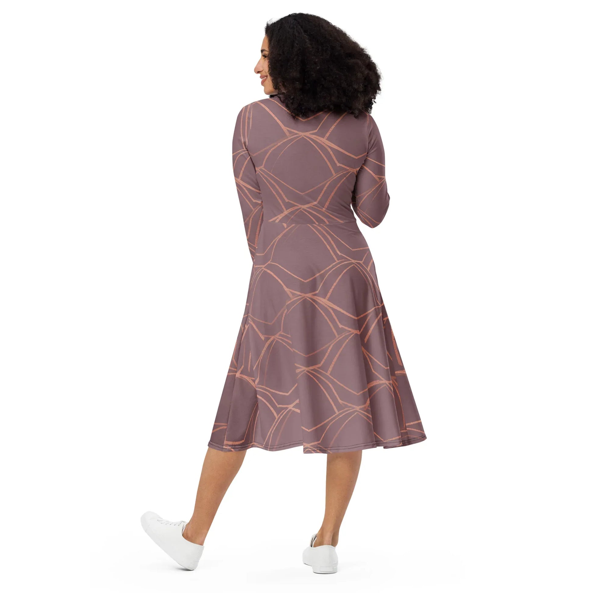 All-Over Print Long Sleeve Midi Dress - AwRans Clothing