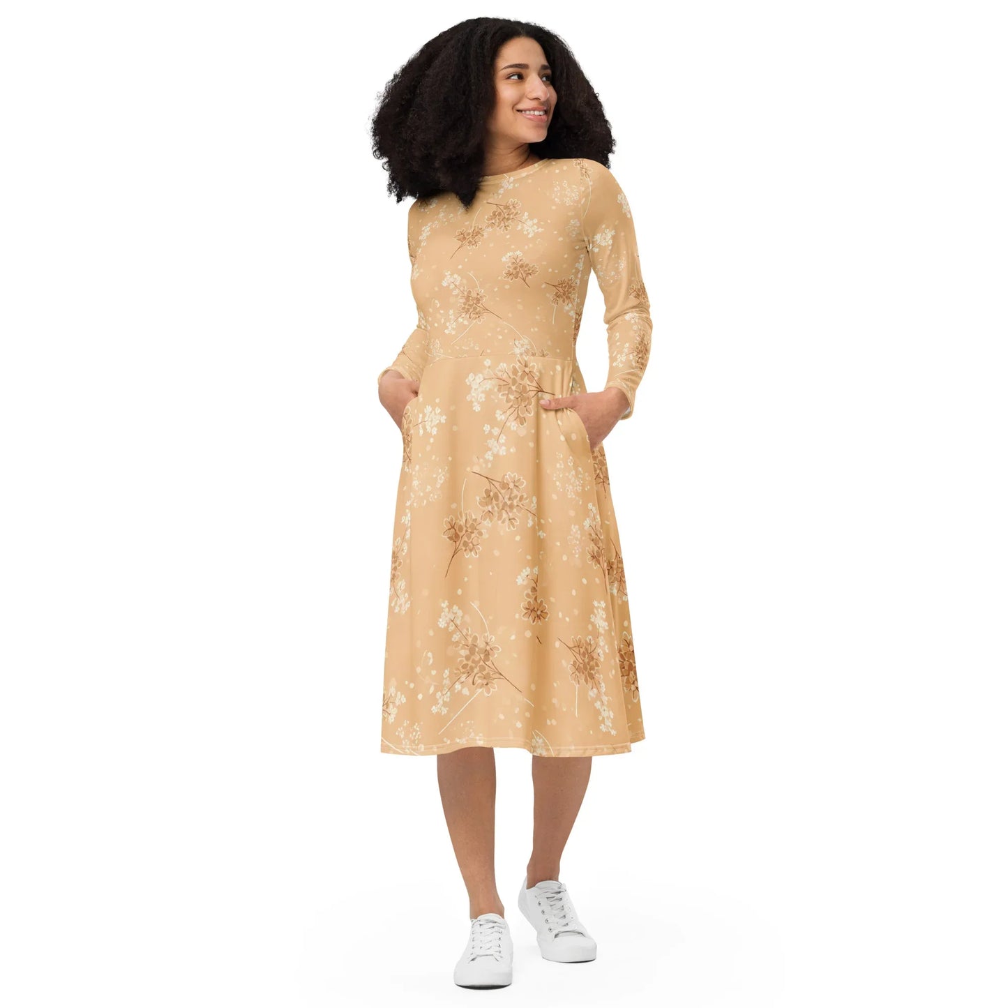 All-Over Print Long Sleeve Midi Dress - AwRans Clothing