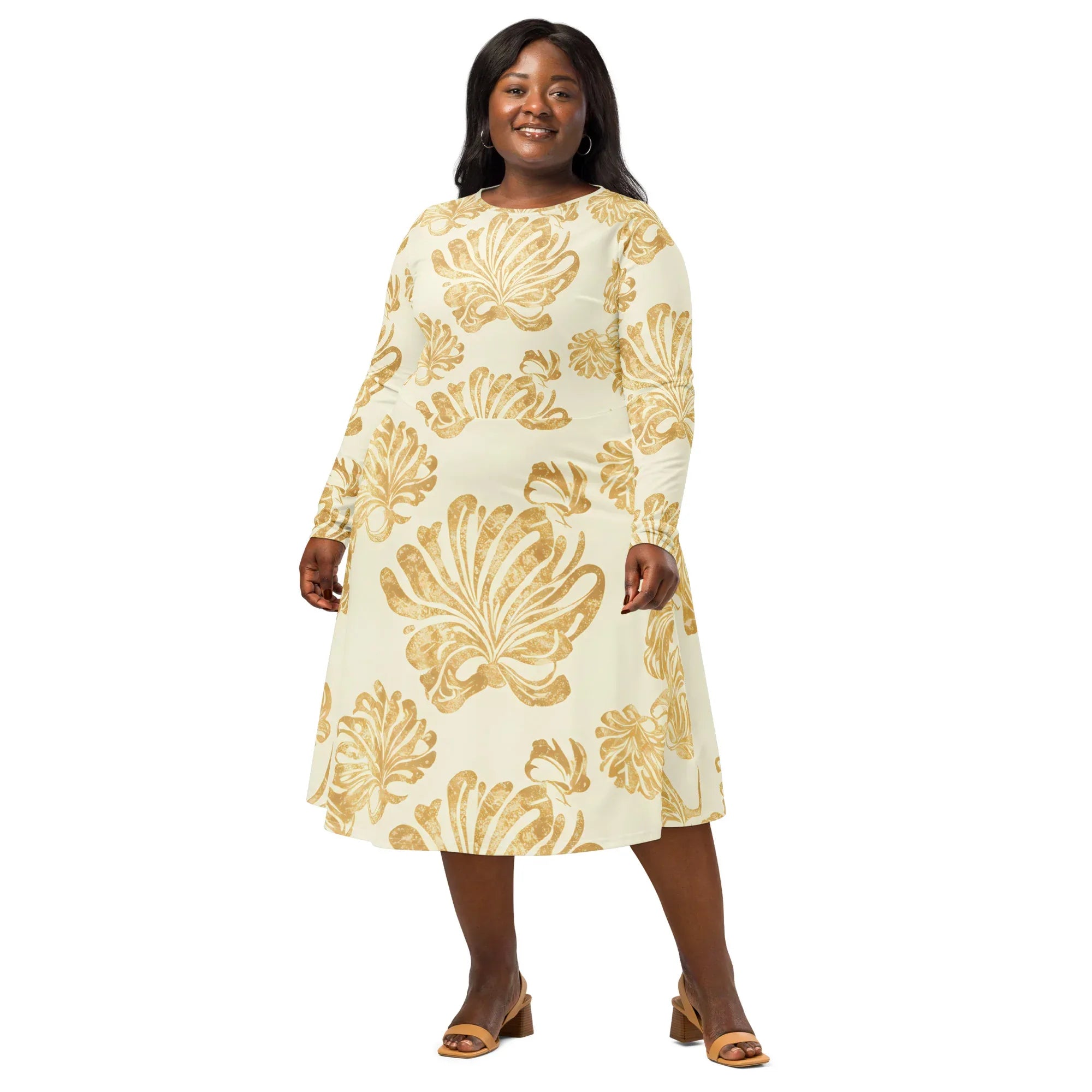 All-Over Print Long Sleeve Midi Dress - AwRans Clothing
