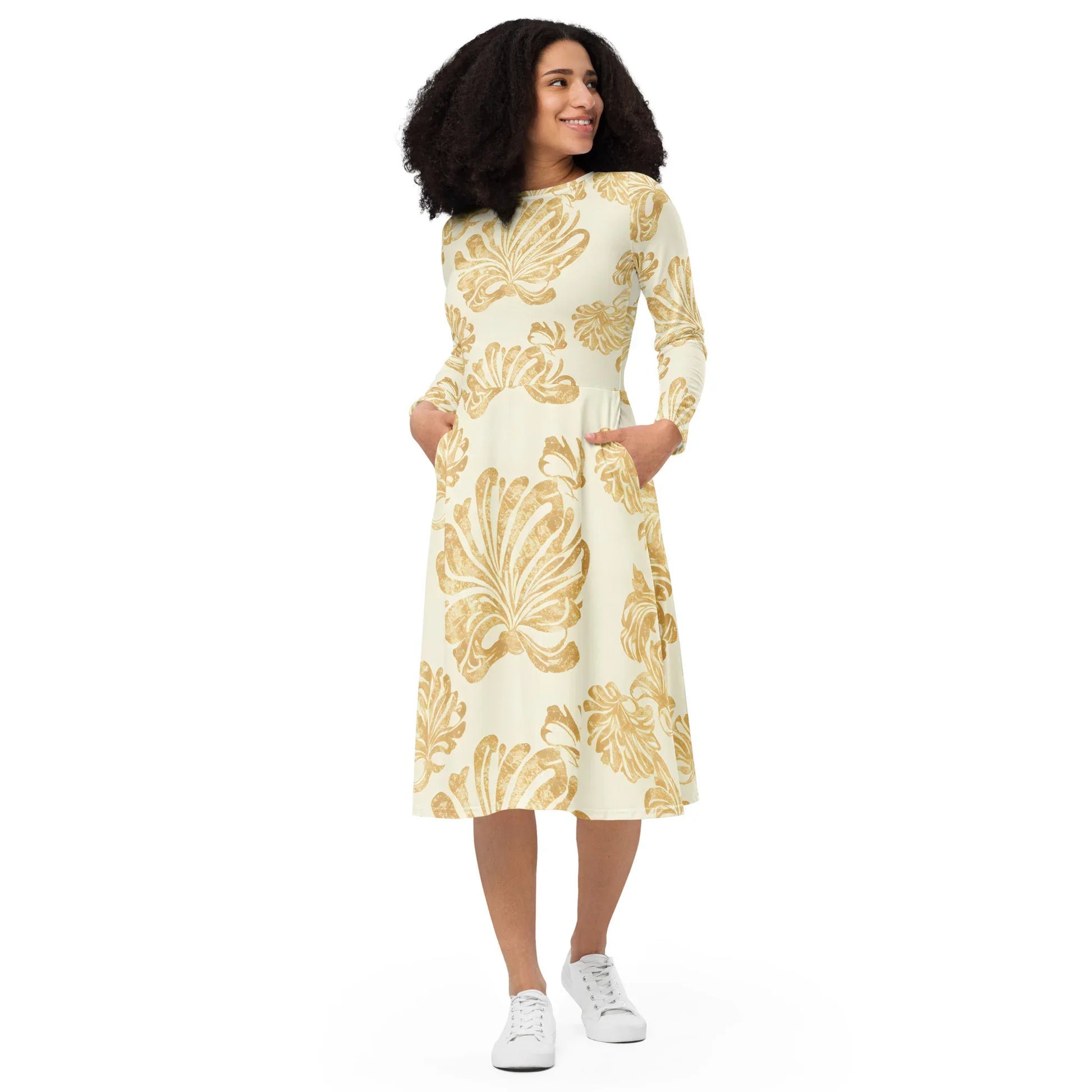 All-Over Print Long Sleeve Midi Dress - AwRans Clothing