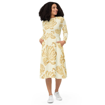 All-Over Print Long Sleeve Midi Dress - AwRans Clothing
