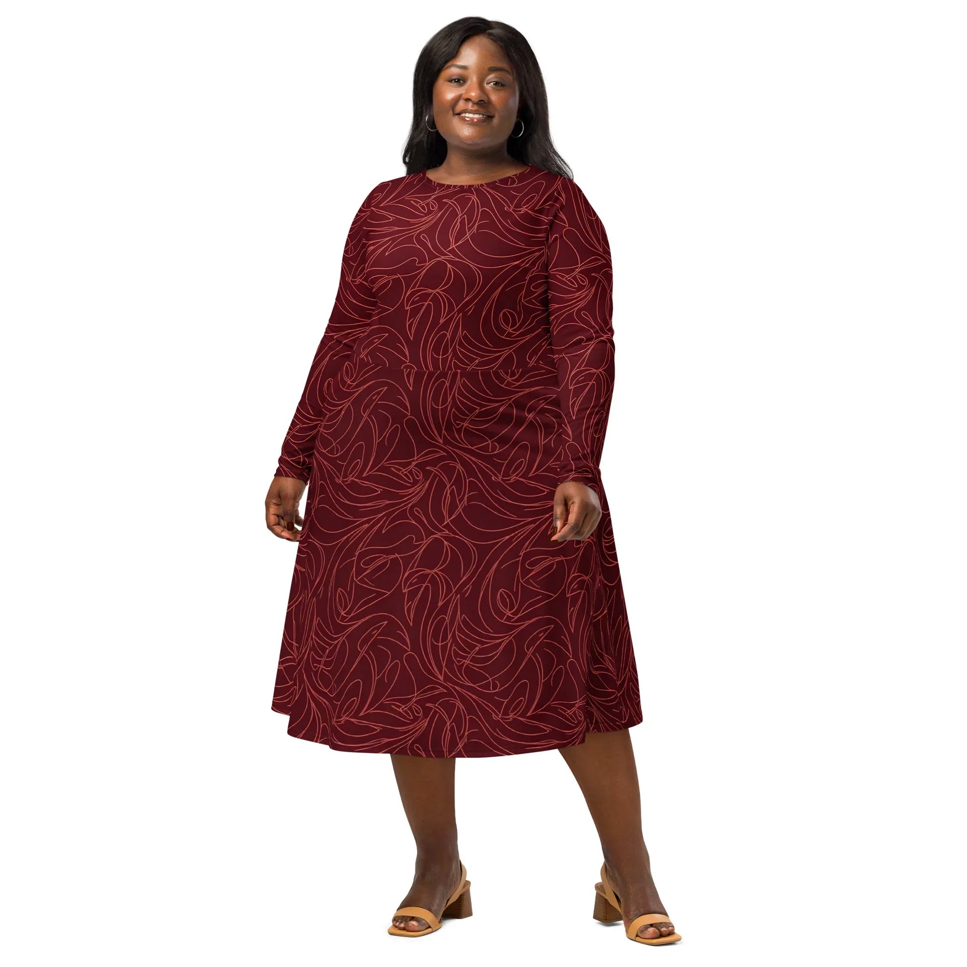 All-Over Print Long Sleeve Midi Dress - AwRans Clothing