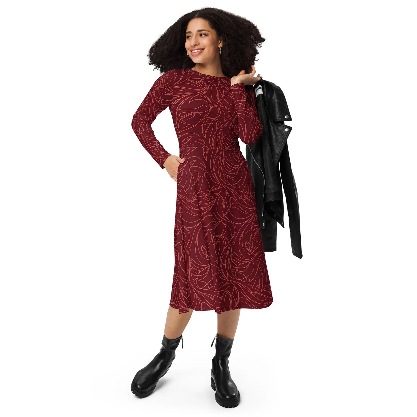 All-Over Print Long Sleeve Midi Dress - AwRans Clothing