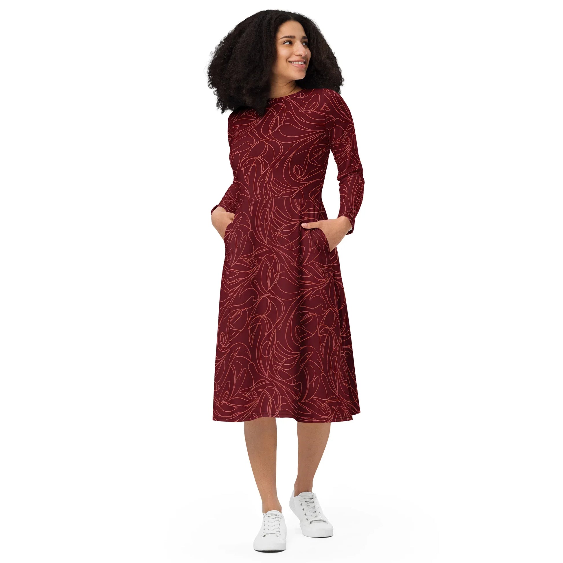 All-Over Print Long Sleeve Midi Dress - AwRans Clothing