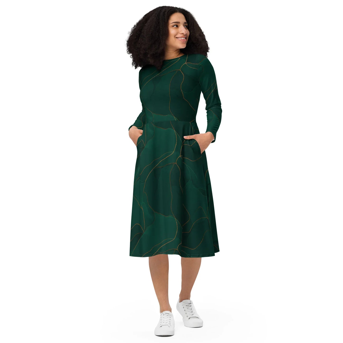 All-Over Print Long Sleeve Midi Dress - AwRans Clothing