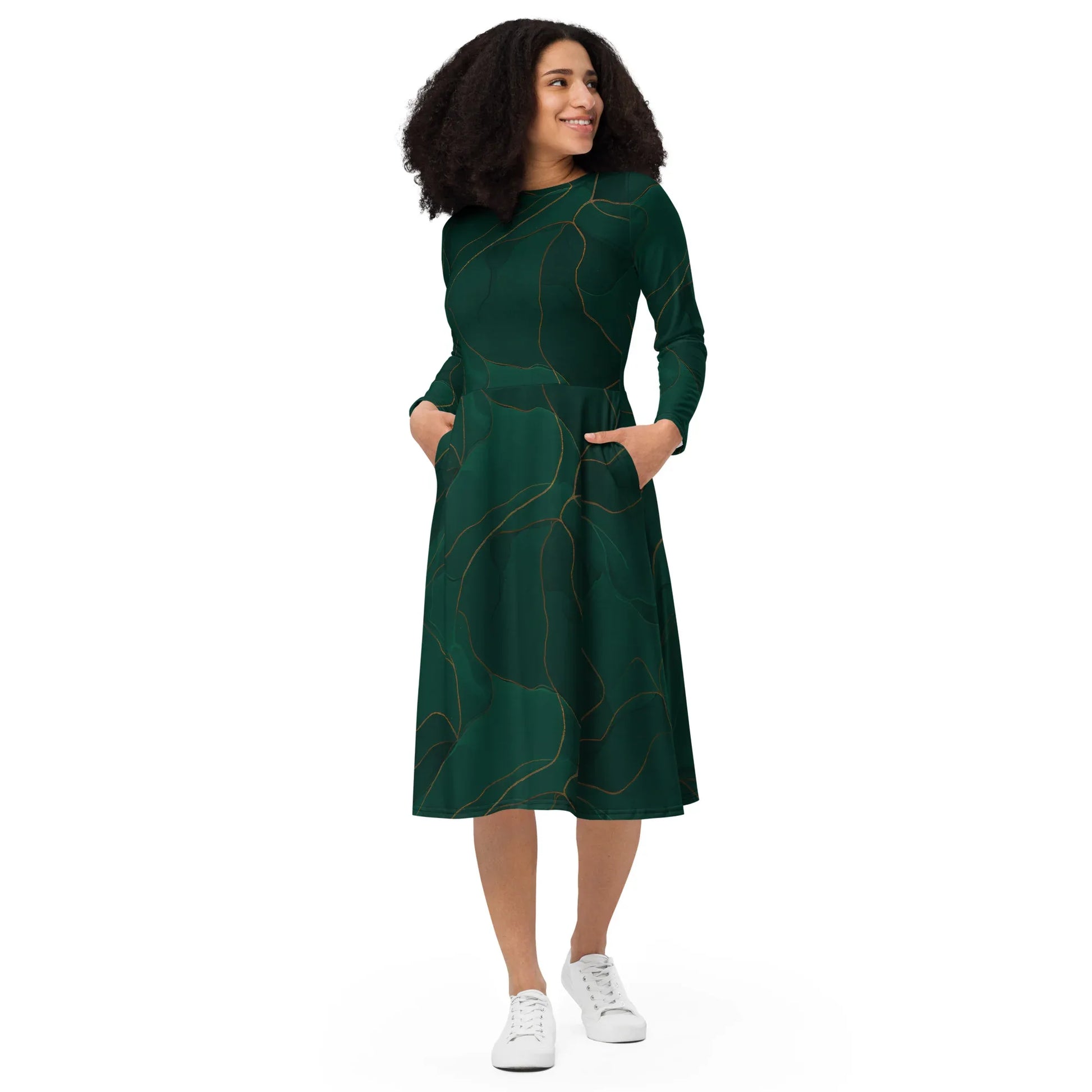 All-Over Print Long Sleeve Midi Dress - AwRans Clothing