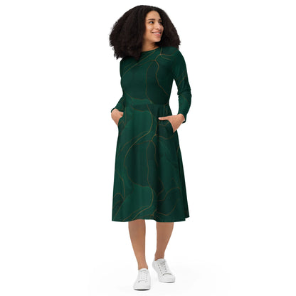 All-Over Print Long Sleeve Midi Dress - AwRans Clothing