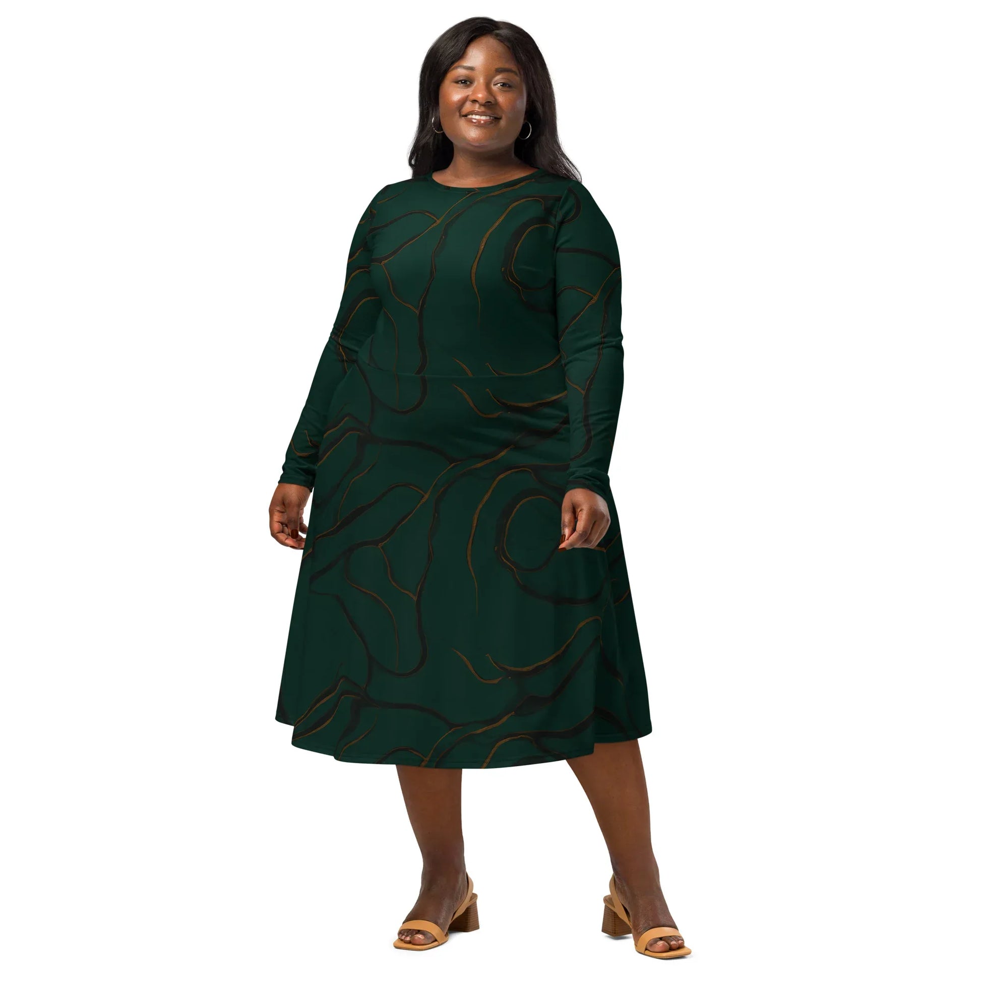 All-Over Print Long Sleeve Midi Dress - AwRans Clothing