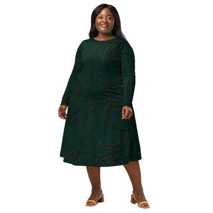 All-Over Print Long Sleeve Midi Dress - AwRans Clothing