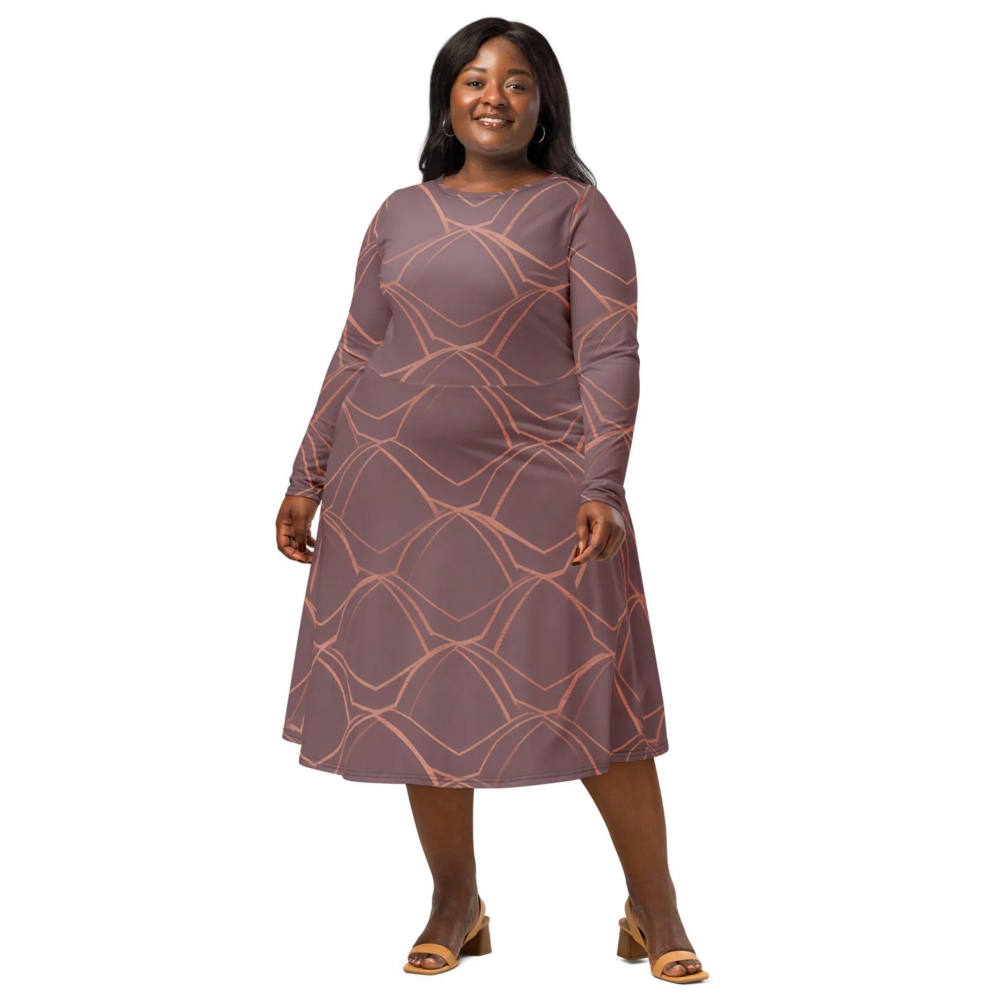 All-Over Print Long Sleeve Midi Dress - AwRans Clothing