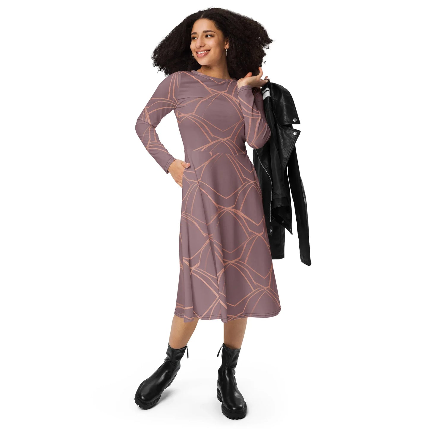 All-Over Print Long Sleeve Midi Dress - AwRans Clothing