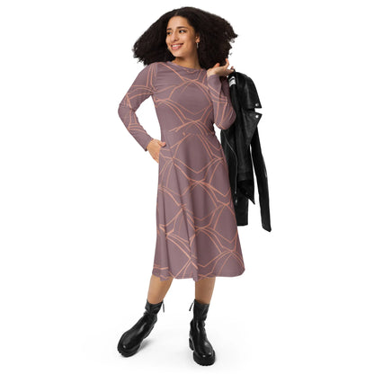 All-Over Print Long Sleeve Midi Dress - AwRans Clothing