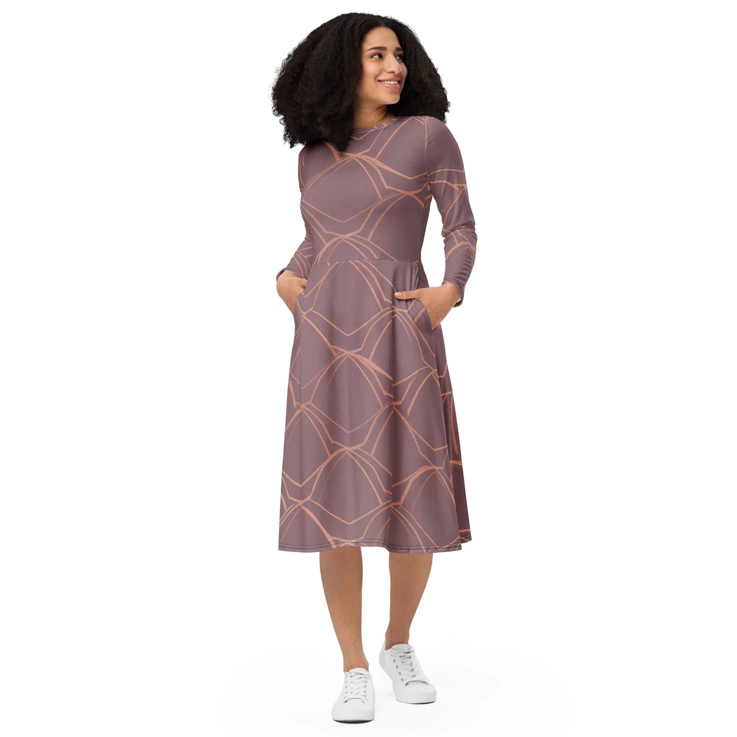 All-Over Print Long Sleeve Midi Dress - AwRans Clothing