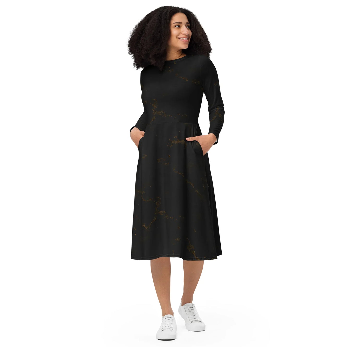 All-Over Print Long Sleeve Midi Dress - AwRans Clothing