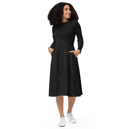 All-Over Print Long Sleeve Midi Dress - AwRans Clothing