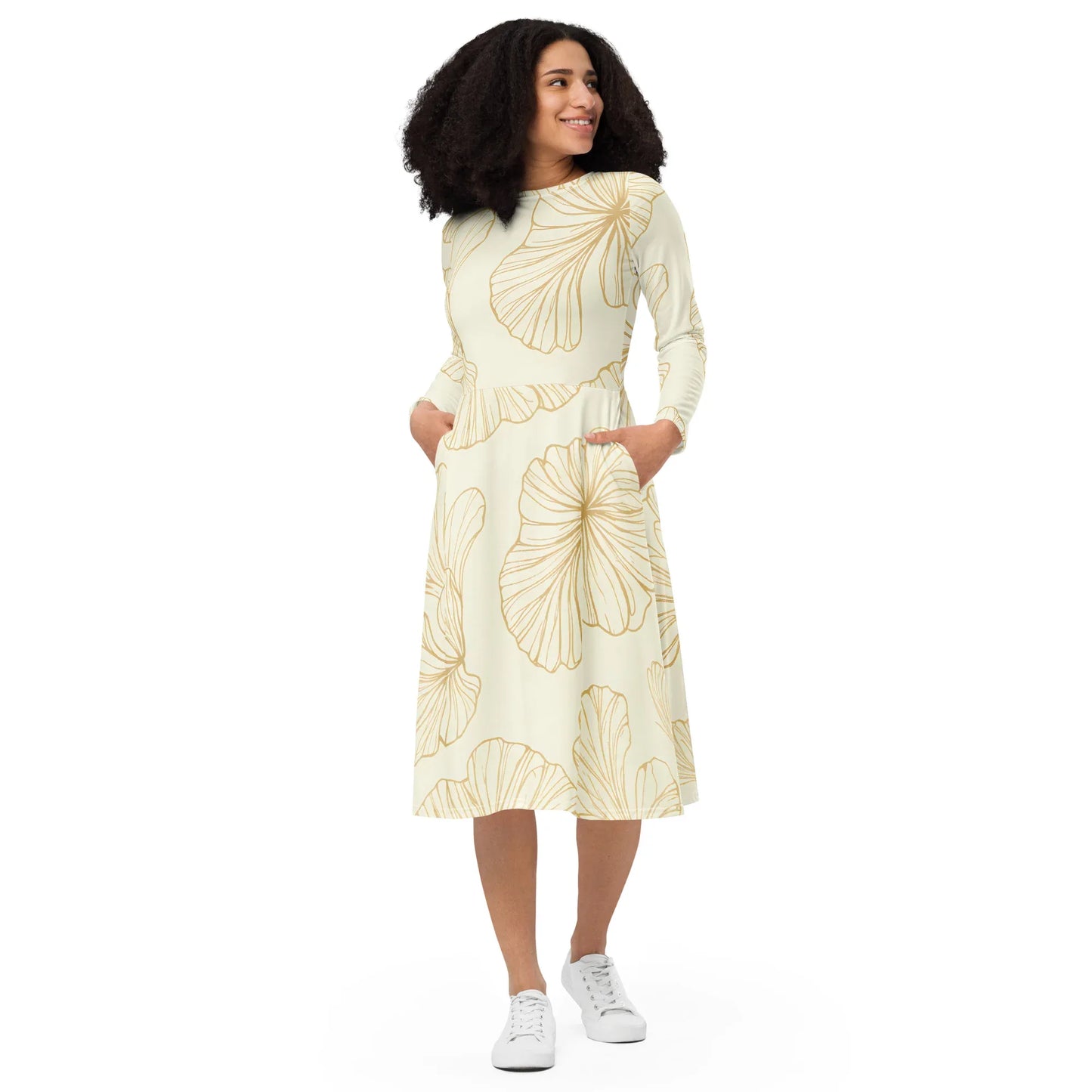 All-Over Print Long Sleeve Midi Dress - AwRans Clothing