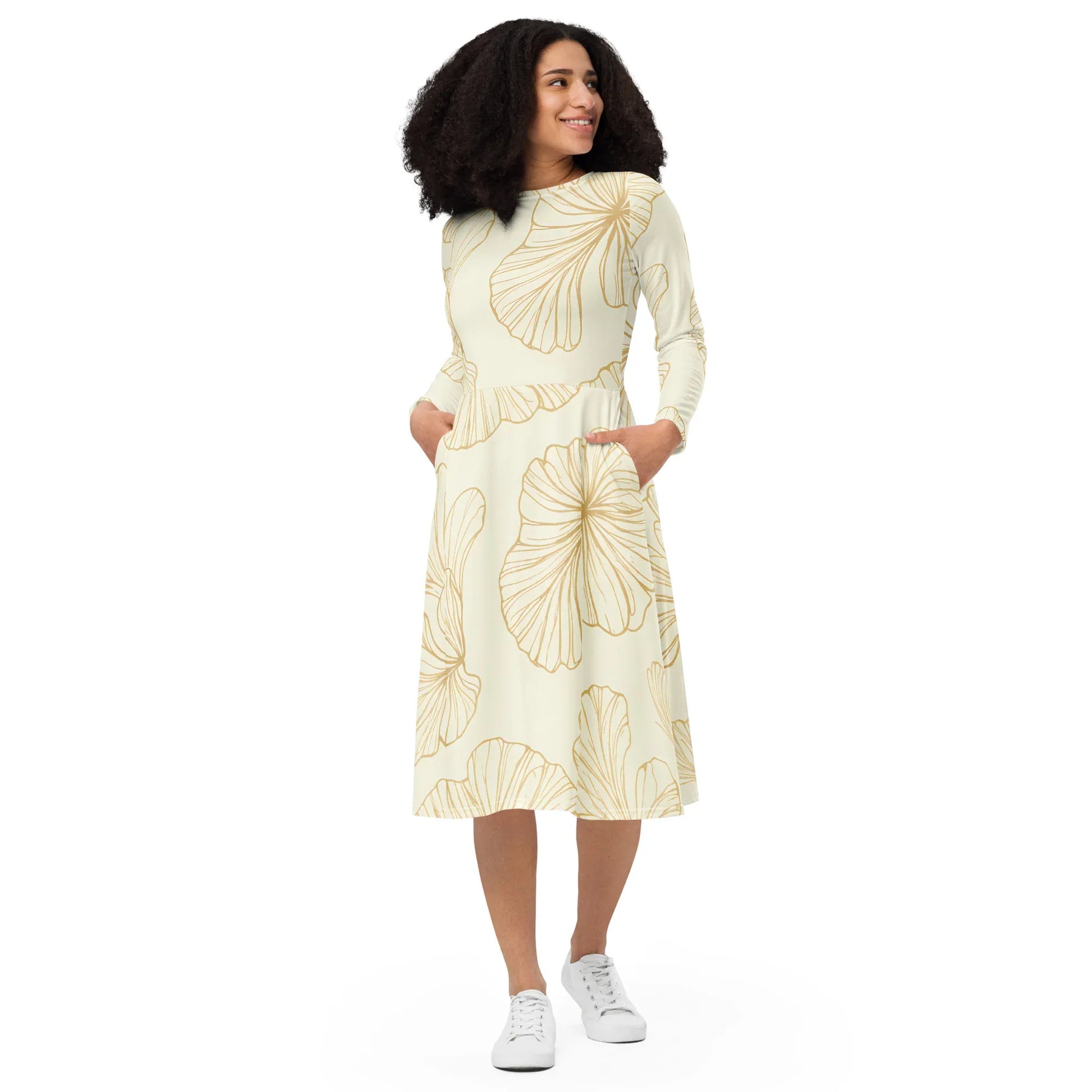 All-Over Print Long Sleeve Midi Dress - AwRans Clothing