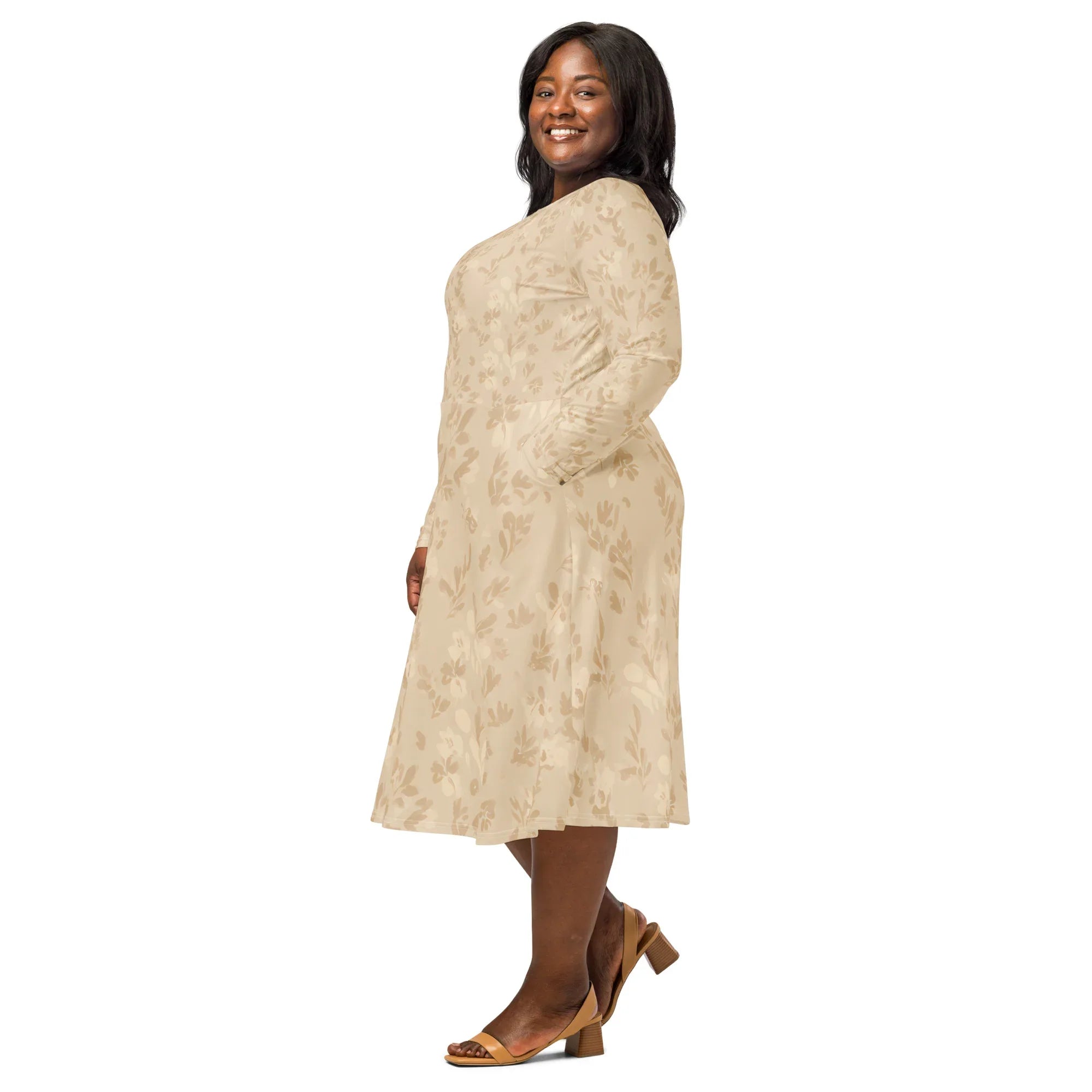 All-Over Print Long Sleeve Midi Dress - AwRans Clothing