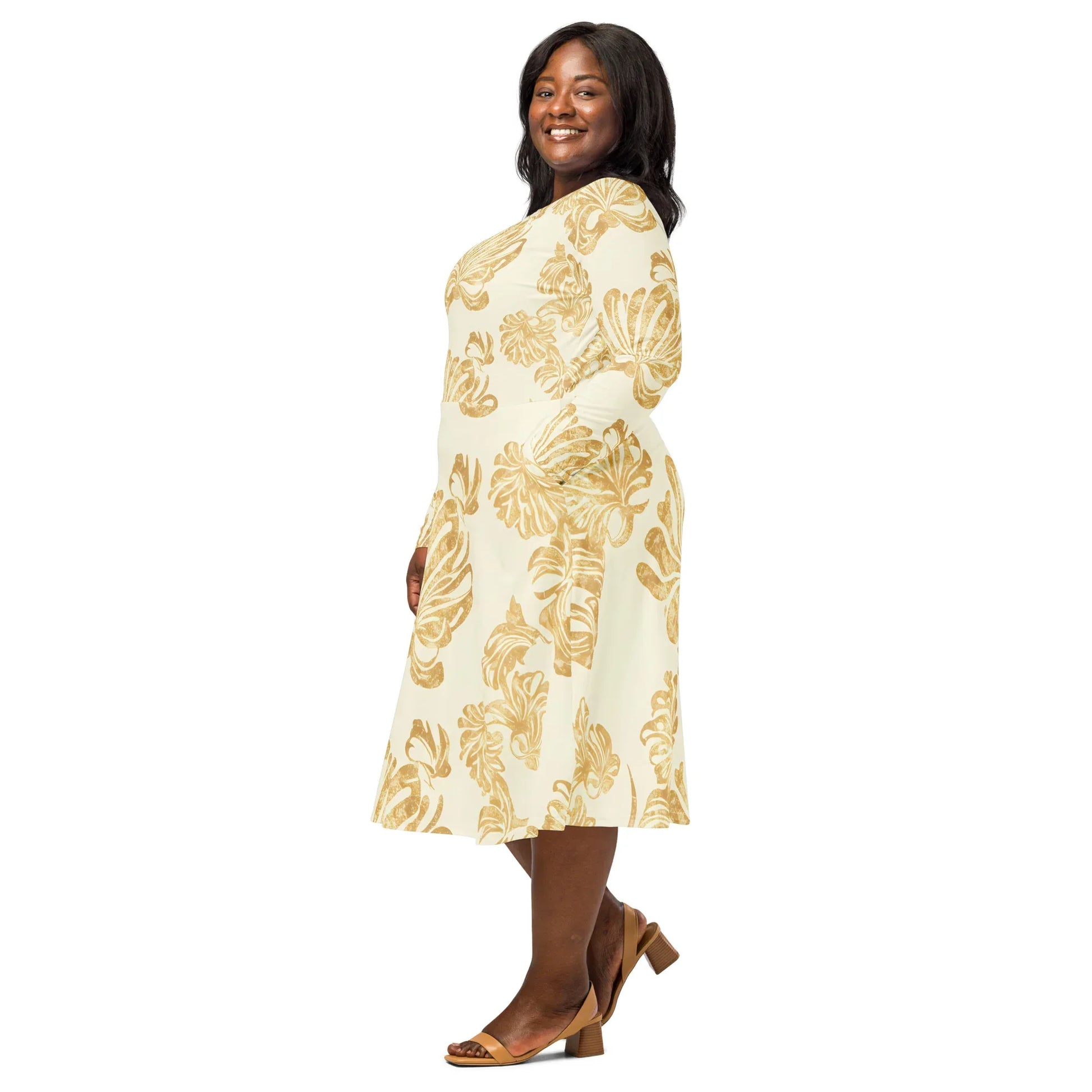All-Over Print Long Sleeve Midi Dress - AwRans Clothing
