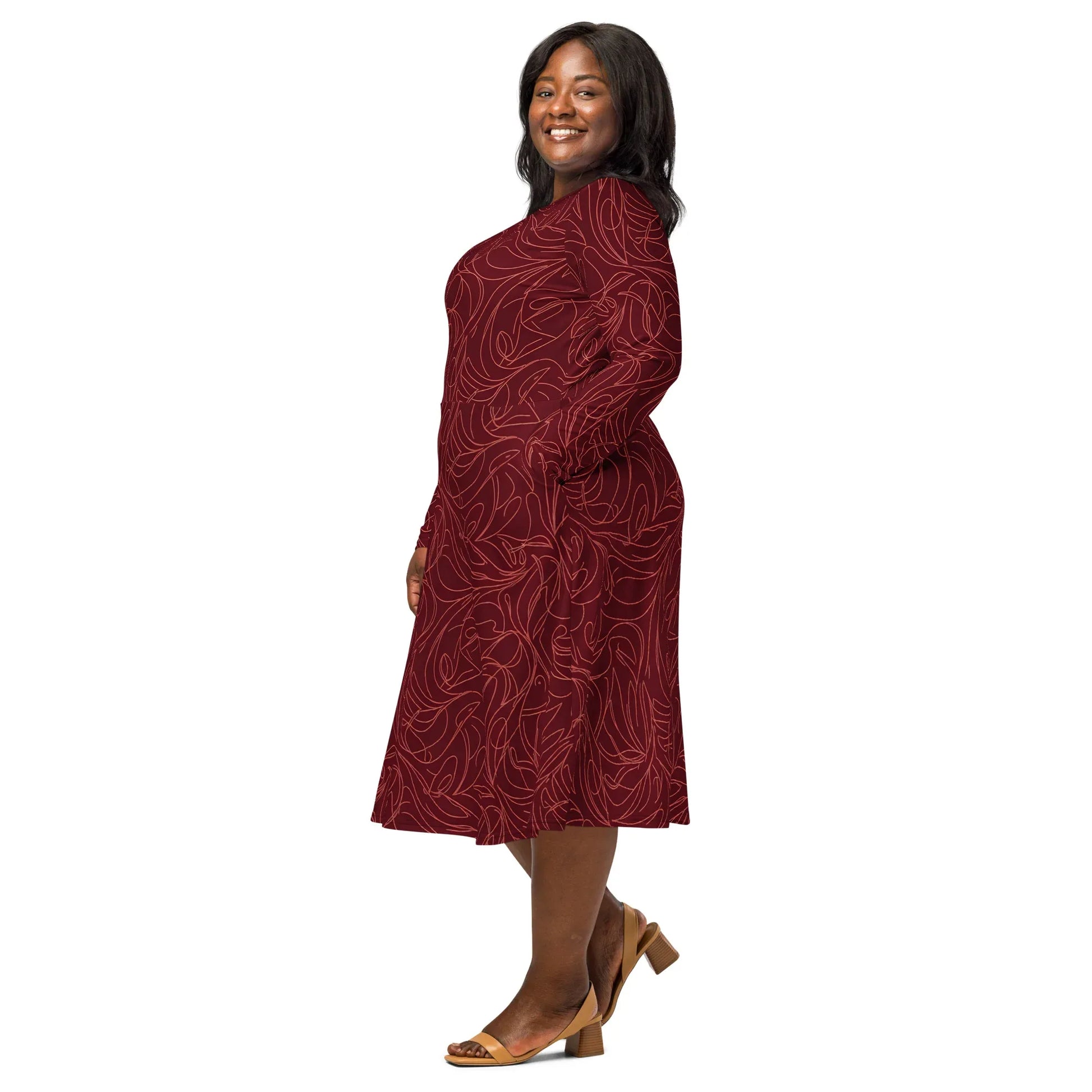 All-Over Print Long Sleeve Midi Dress - AwRans Clothing