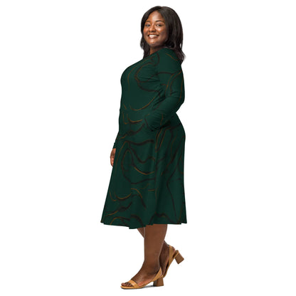All-Over Print Long Sleeve Midi Dress - AwRans Clothing