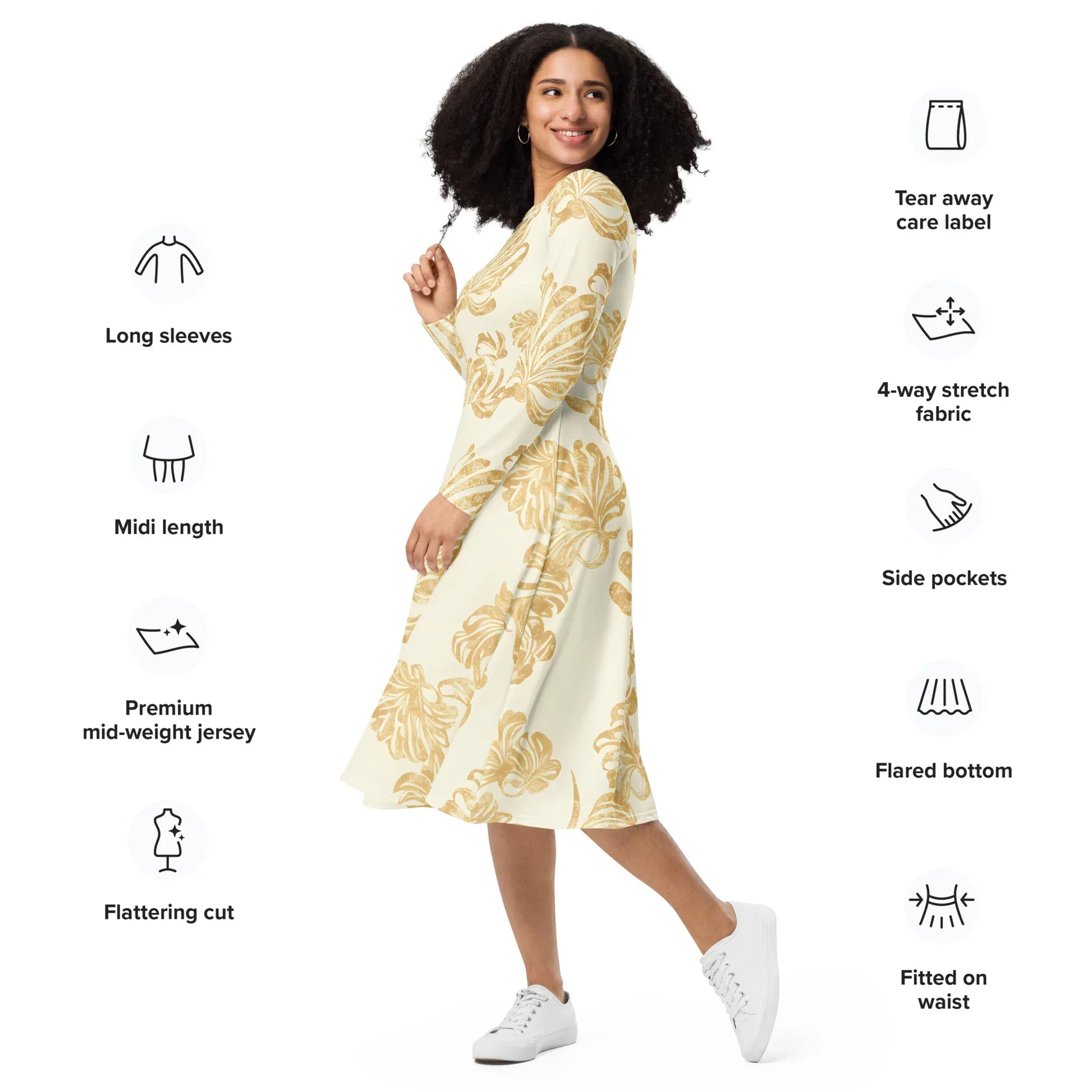 All-Over Print Long Sleeve Midi Dress - AwRans Clothing