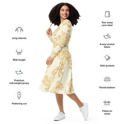 All-Over Print Long Sleeve Midi Dress - AwRans Clothing