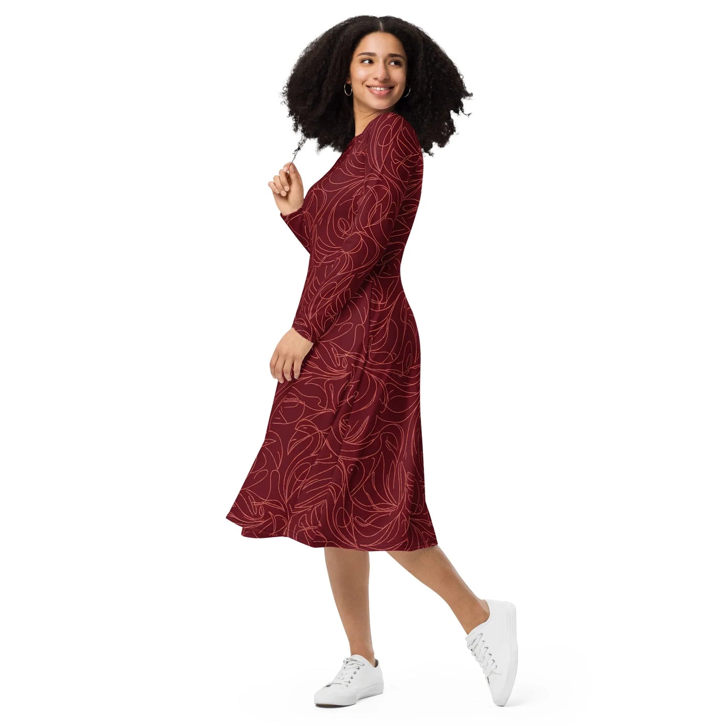 All-Over Print Long Sleeve Midi Dress - AwRans Clothing