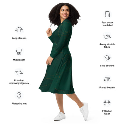 All-Over Print Long Sleeve Midi Dress - AwRans Clothing