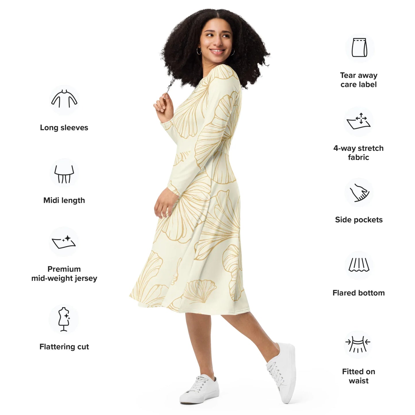 All-Over Print Long Sleeve Midi Dress - AwRans Clothing