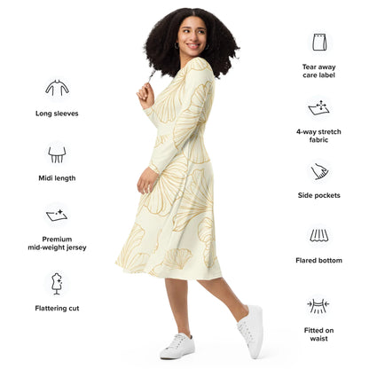 All-Over Print Long Sleeve Midi Dress - AwRans Clothing