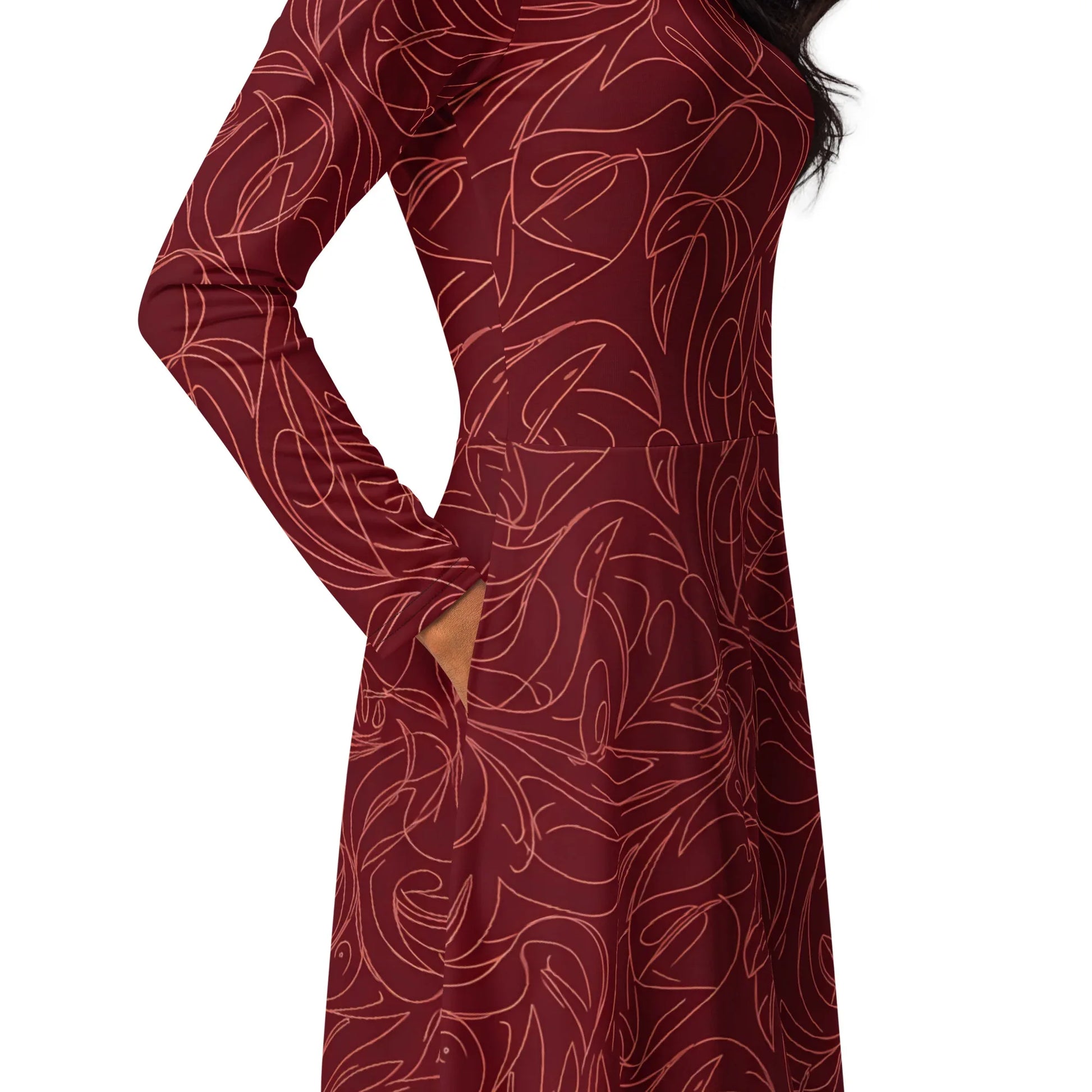 All-Over Print Long Sleeve Midi Dress - AwRans Clothing