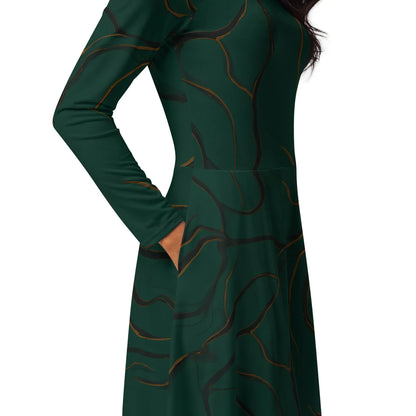 All-Over Print Long Sleeve Midi Dress - AwRans Clothing