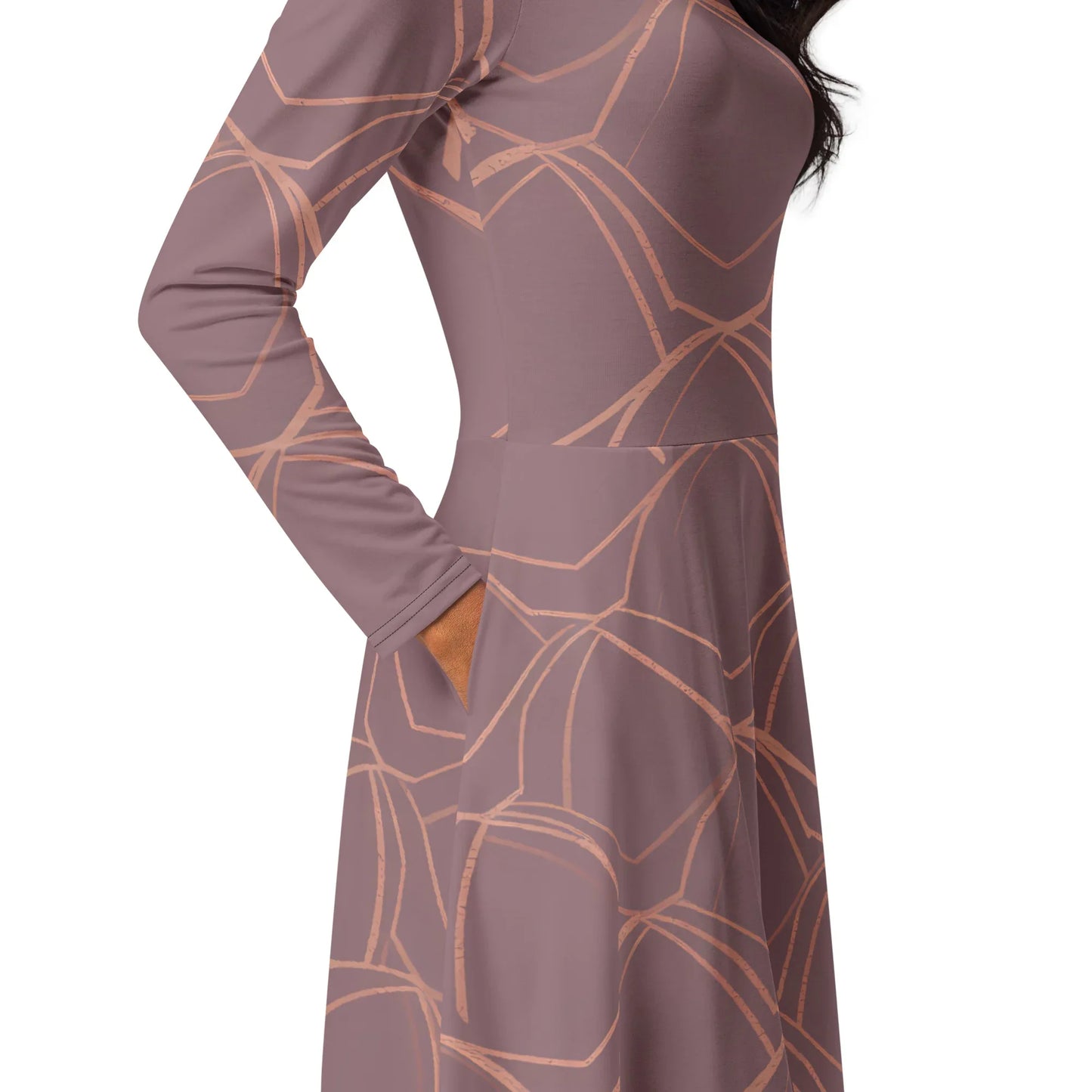 All-Over Print Long Sleeve Midi Dress - AwRans Clothing