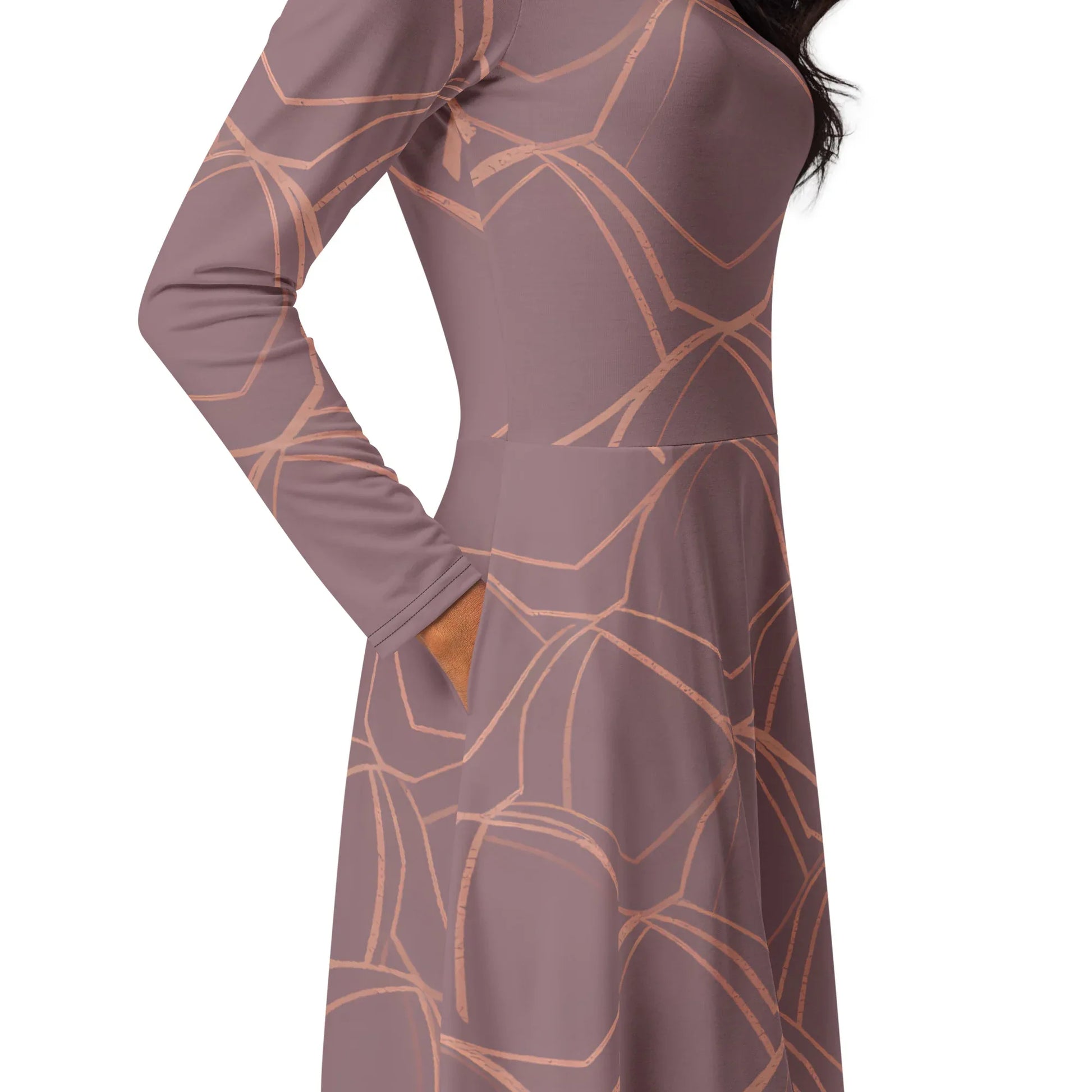 All-Over Print Long Sleeve Midi Dress - AwRans Clothing