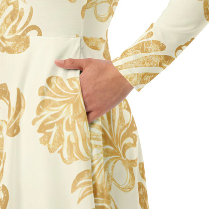 All-Over Print Long Sleeve Midi Dress - AwRans Clothing