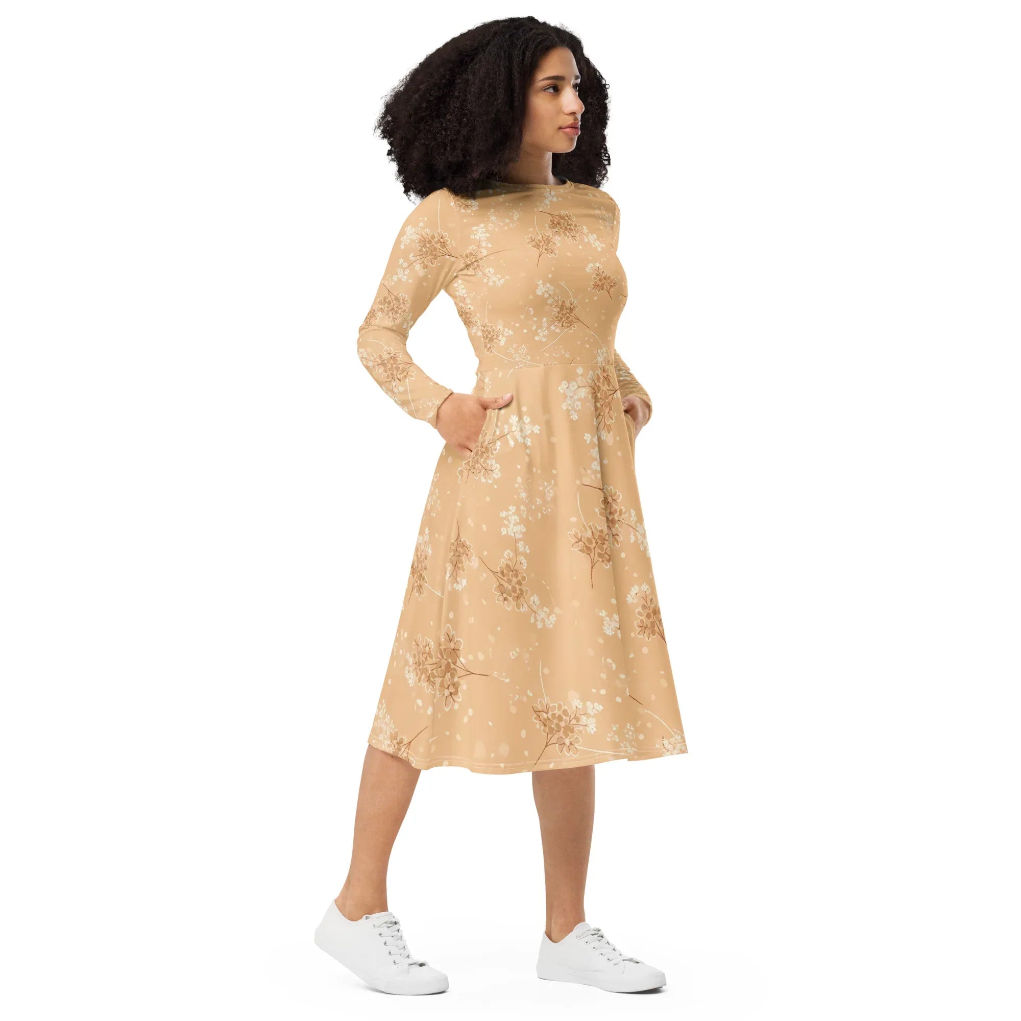 All-Over Print Long Sleeve Midi Dress - AwRans Clothing