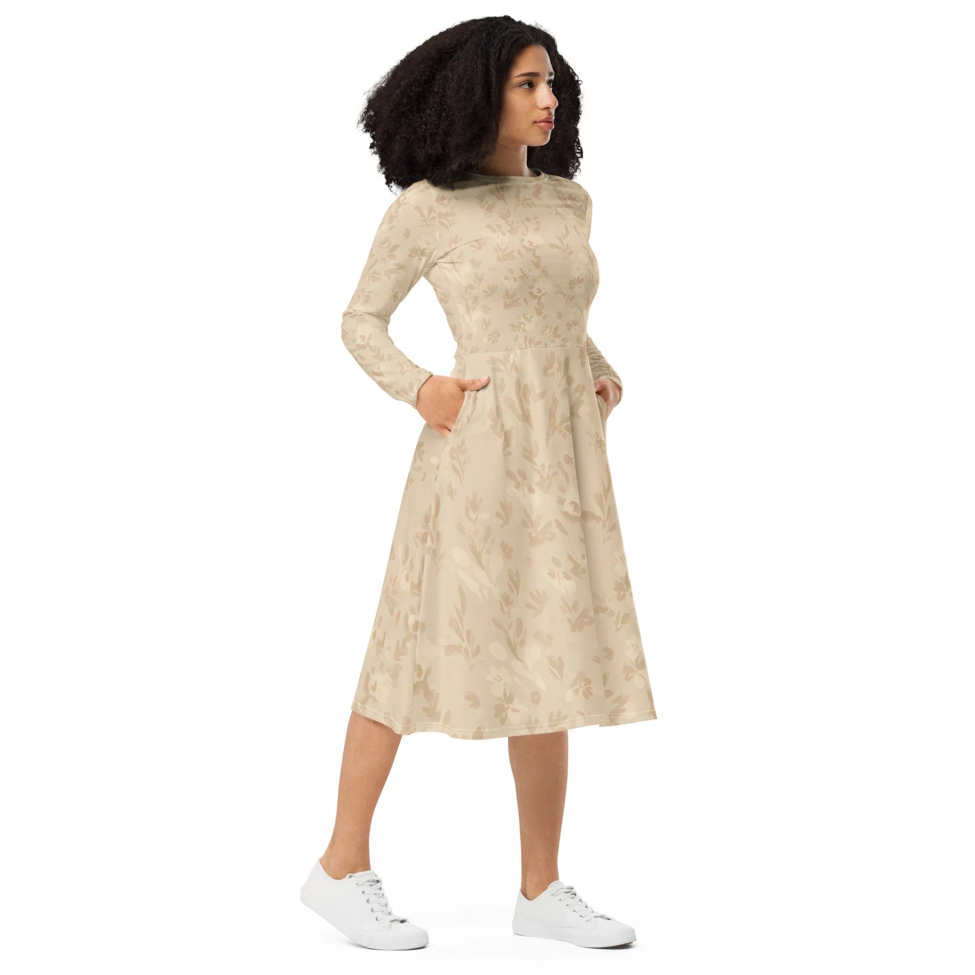 All-Over Print Long Sleeve Midi Dress - AwRans Clothing