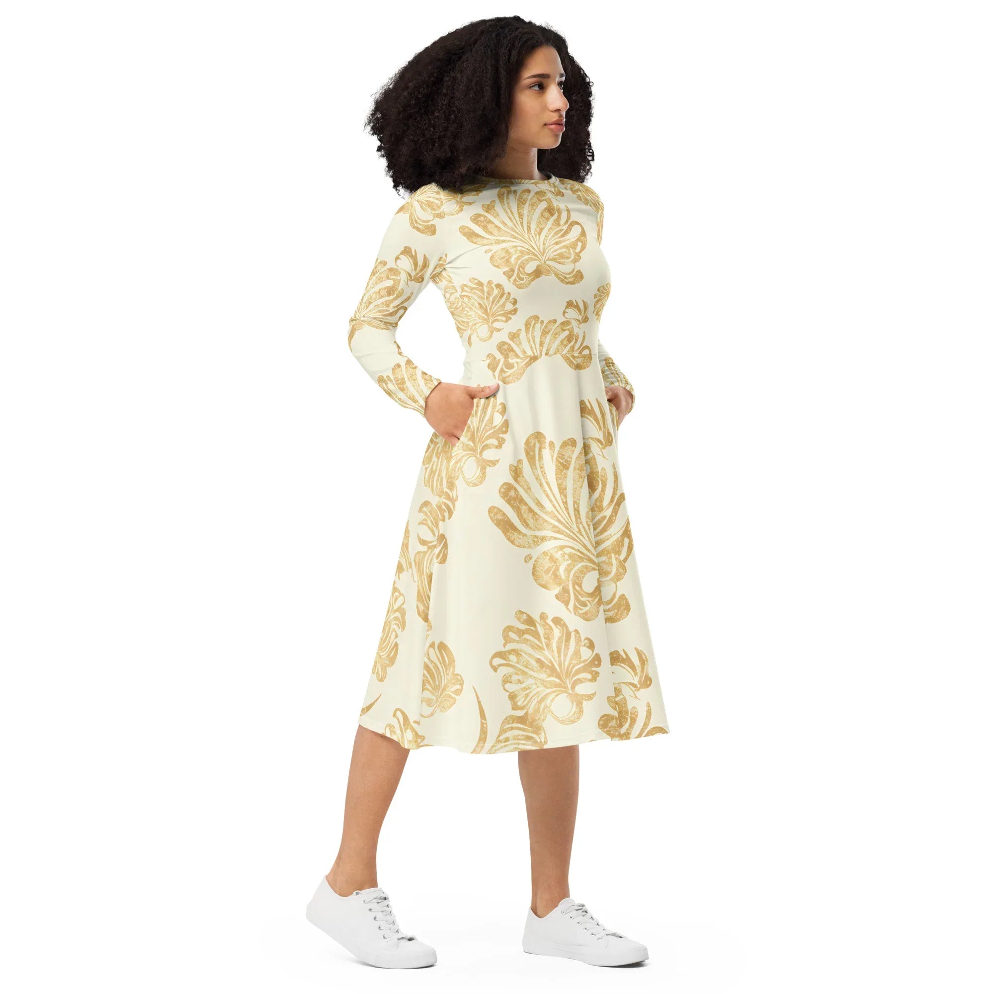 All-Over Print Long Sleeve Midi Dress - AwRans Clothing
