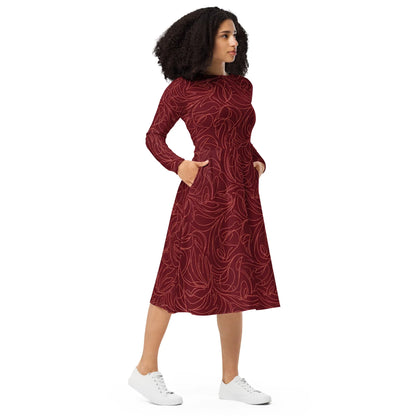 All-Over Print Long Sleeve Midi Dress - AwRans Clothing