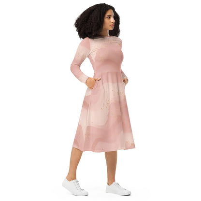 All-Over Print Long Sleeve Midi Dress - AwRans Clothing