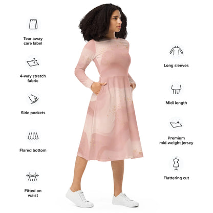 All-Over Print Long Sleeve Midi Dress - AwRans Clothing