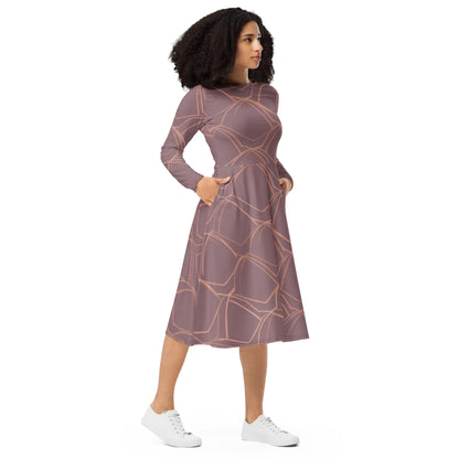 All-Over Print Long Sleeve Midi Dress - AwRans Clothing