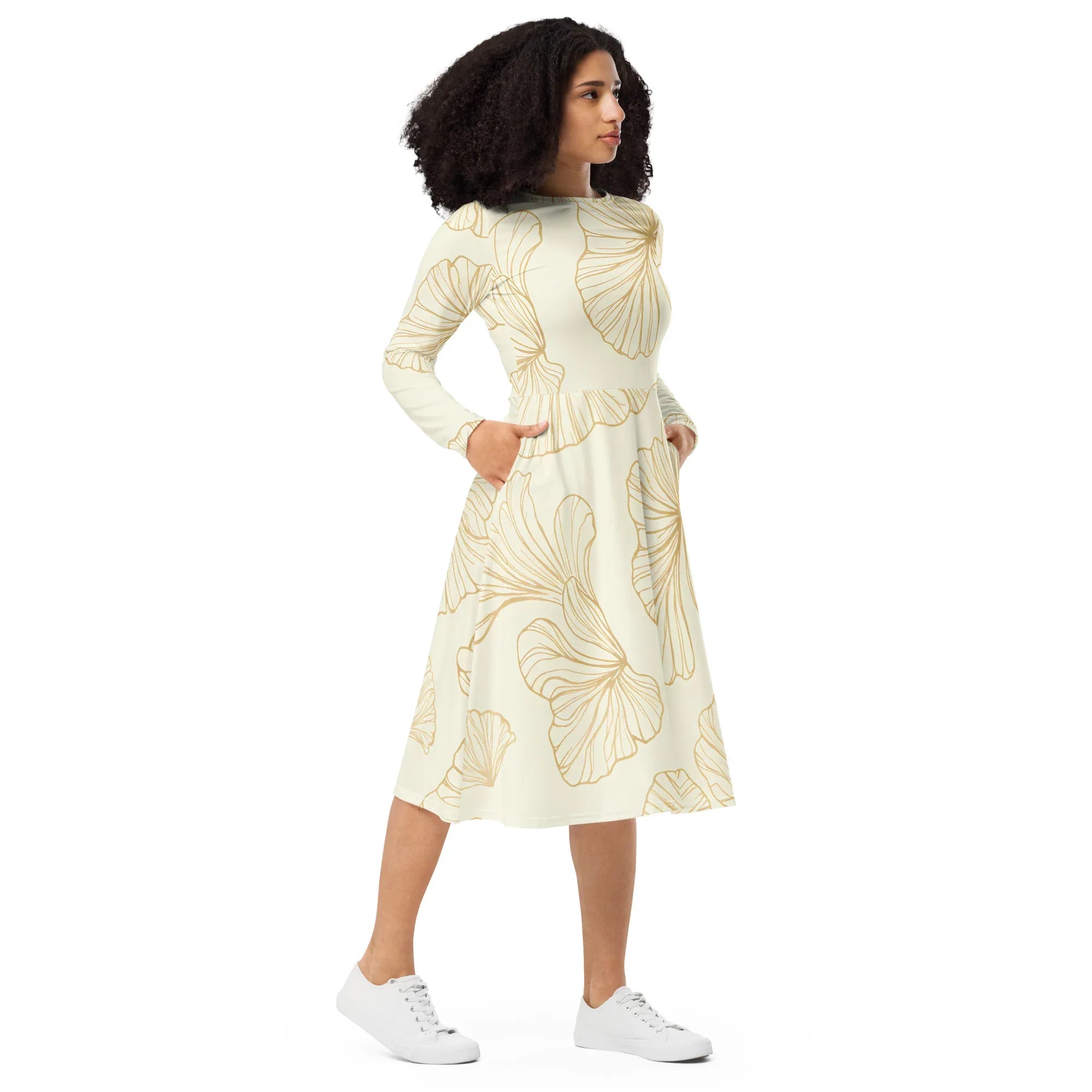 All-Over Print Long Sleeve Midi Dress - AwRans Clothing
